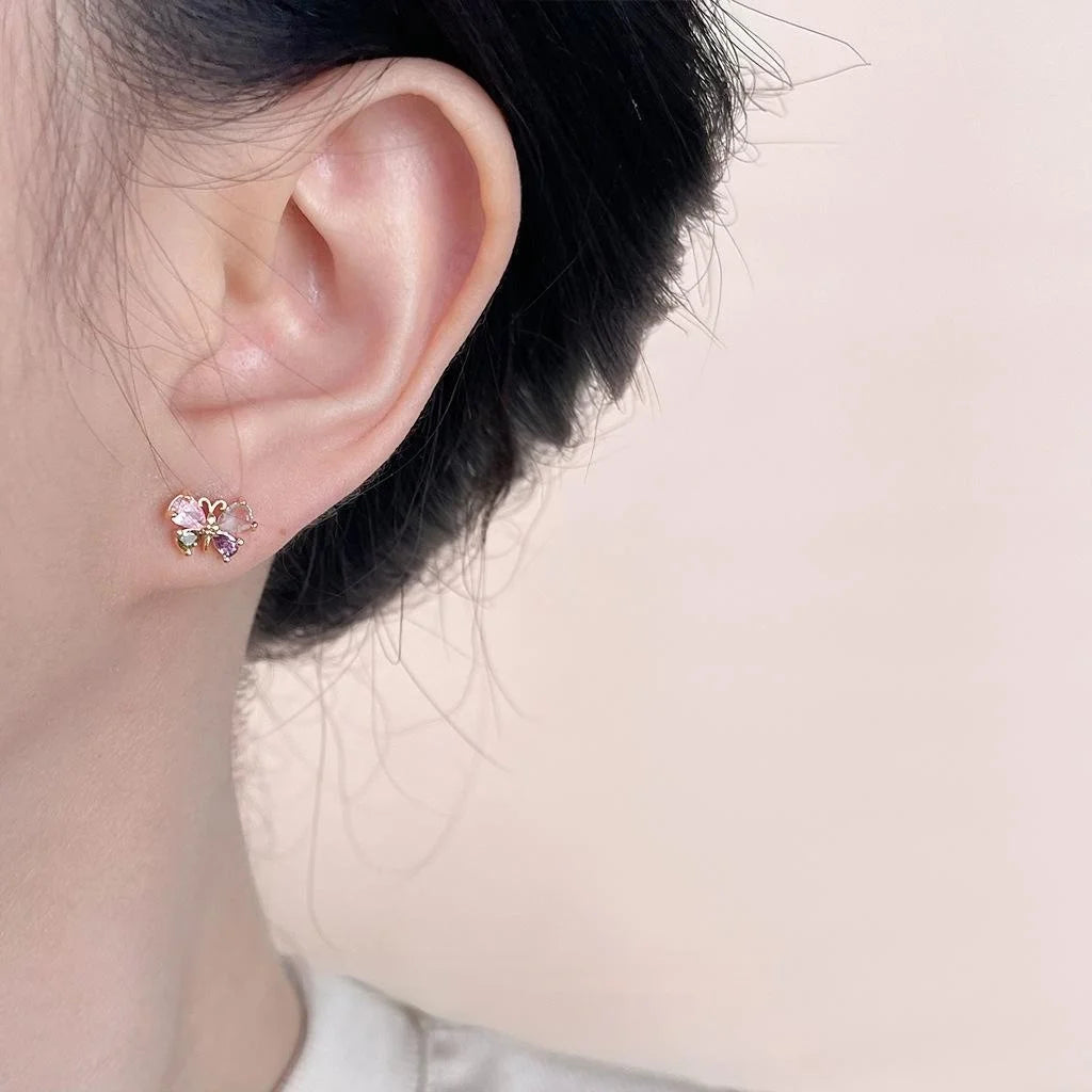 Mini Micro Pave Zircon Colorful Butterfly Stud Earrings Sweet Copper Jewelry For Women