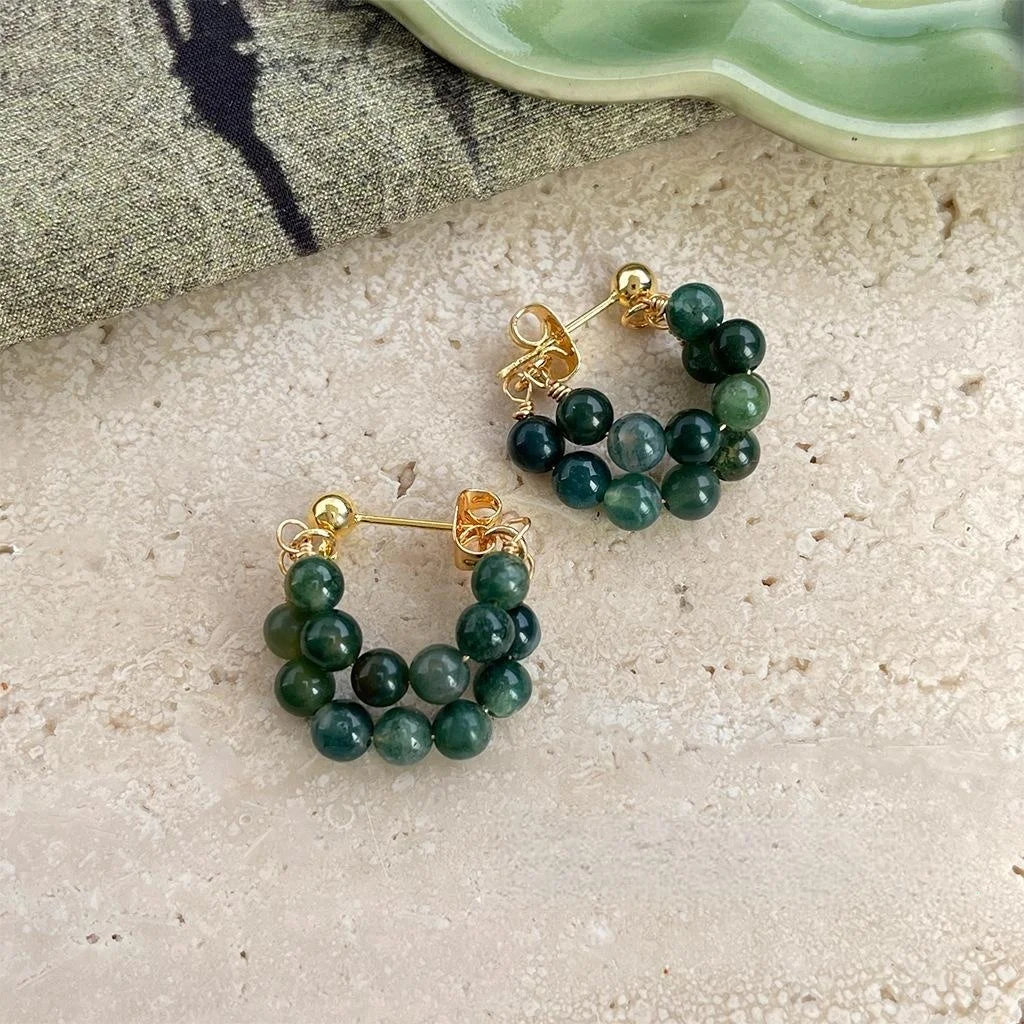 Forest Green Agate Drop Earrings New Chinese Style U Shape Geometric Round Hoop Jewelry