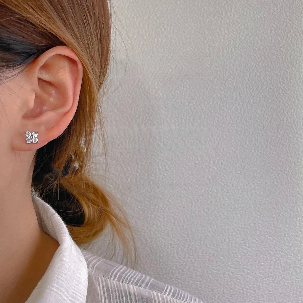 Mini Micro Pave Zircon Lucky Flower Copper Stud Earrings, Silver Plated Simple Daily Jewelry