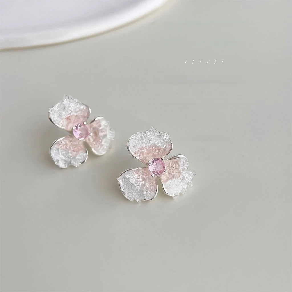 Sweet Pink Gradient Sakura Glass Crystal Zircon Micro Pave Copper Stud Earrings