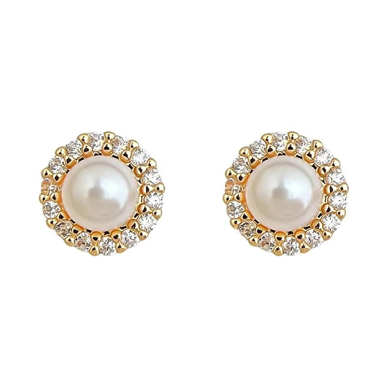Micro Pave Zircon Round Geometric Pearl Stud Earrings For Women, Copper Minimalist Jewelry