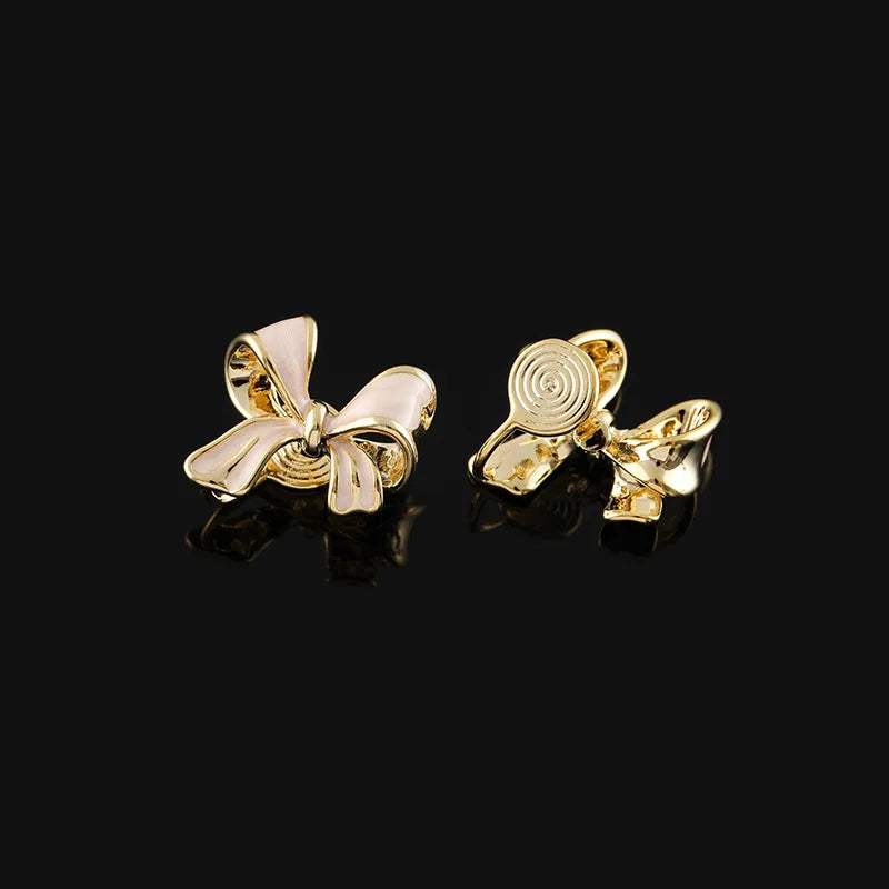Elegant Enamel Bow Knot Alloy Stud & Clip On No Piercing Gold Tone Niche Design Women's Earrings