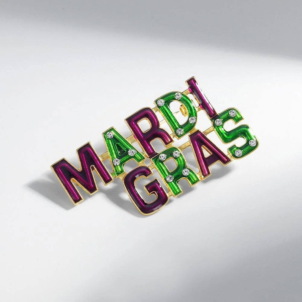 Vintage Mardi Gras Letter Alloy Enamel Rhinestone Brooch, Elegant Carnival Lapel Pin Suit Accessory