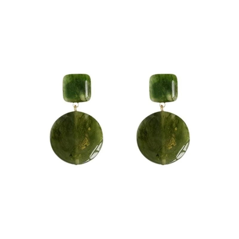 Hong Kong Style Retro Green Resin Geometric Stud Earrings With Gradient Round Square Design