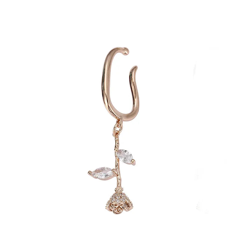 Vintage Rose Flower Zircon Ear Cuff Drop, Elegant Stud & Clip On No Piercing Ear Climber Earrings