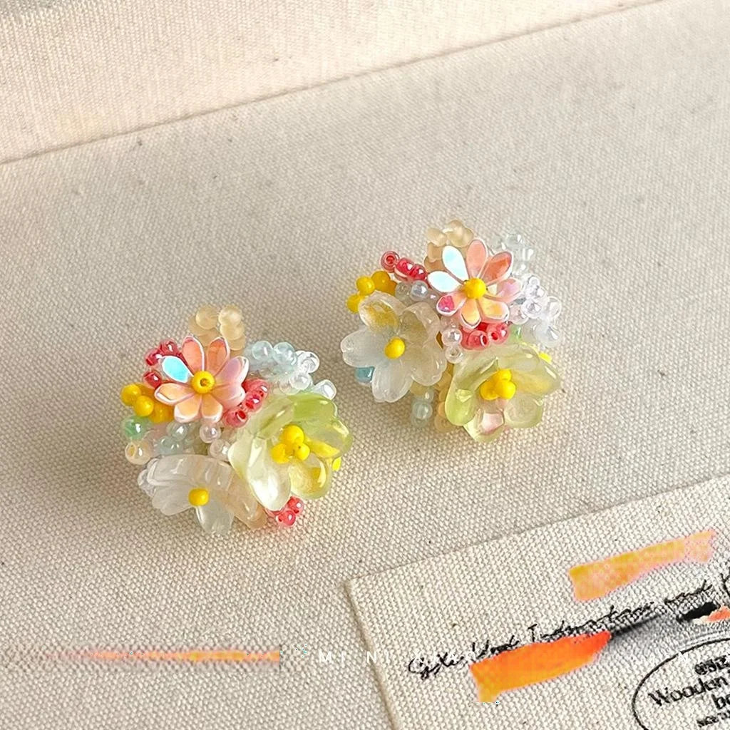 Romantic Colorful Resin Beaded Hydrangea Flower Stud Earrings Sweet Cute Dopamine Style