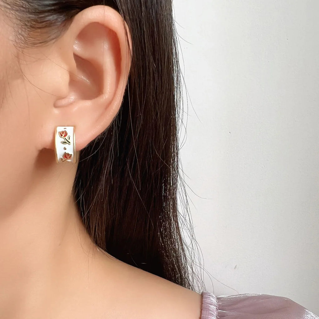 Elegant Vintage Tulip Enamel Wide Hoop Stud & Clip On No Piercing Alloy French Style Earrings