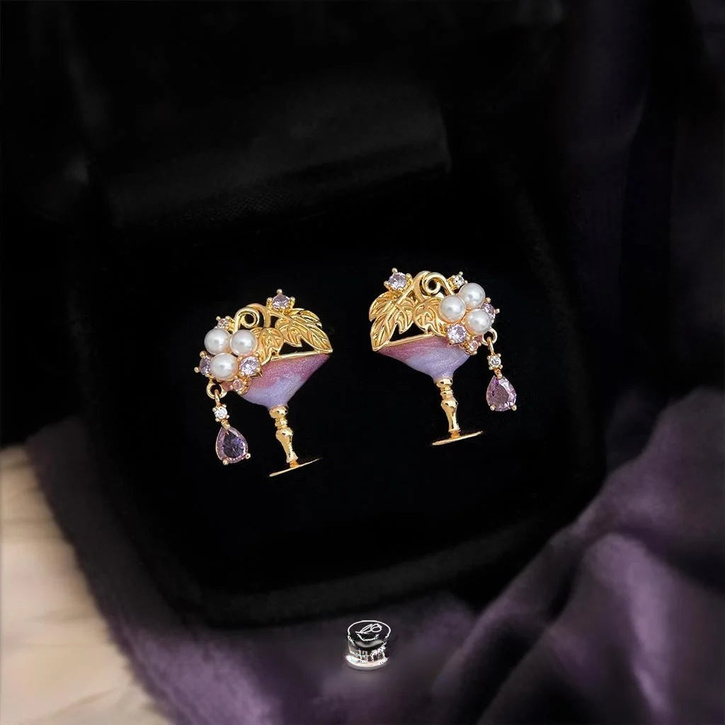 Designer Wine Glass Micro Pave Zircon Copper Stud Earrings Sweet Chic Jewelry
