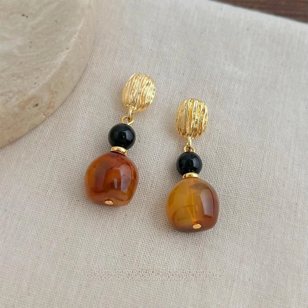 Handmade Maillard Style Ombre Resin Black Onyx Geometric Tassel Drop Earrings With Copper