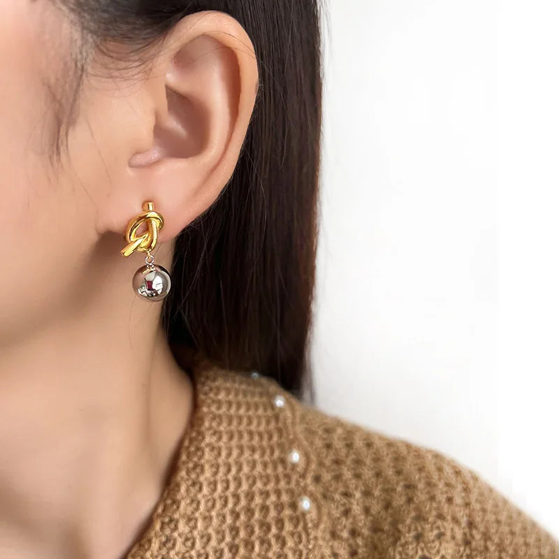 Elegant Contrast Two Tone Alloy Geometric Knot Ball Drop Stud & Clip On No Piercing Metal Dangle Earrings