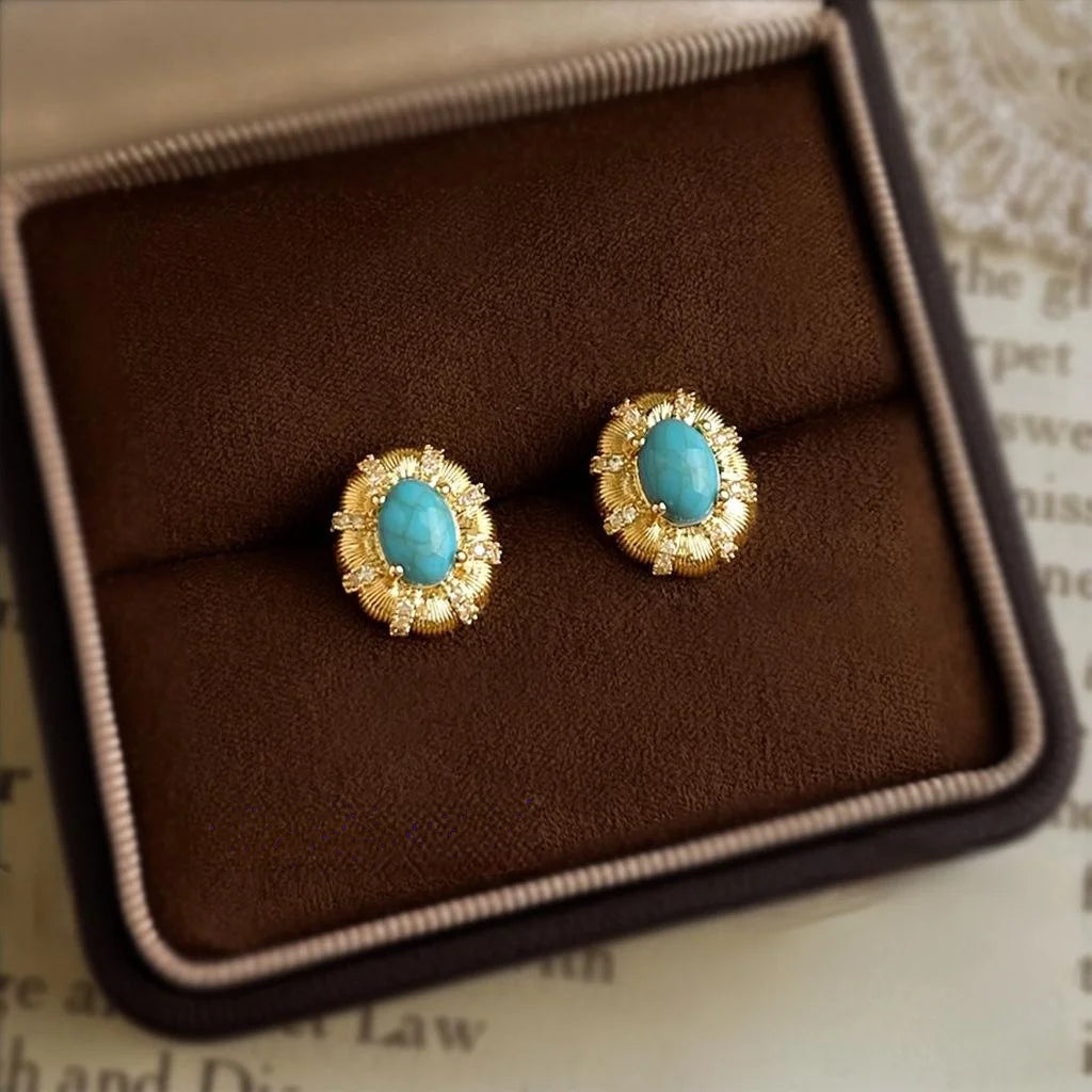 Vintage Oval Synthetic Turquoise Zircon Micro Pave Copper Stud Earrings With Silver Plated Pins