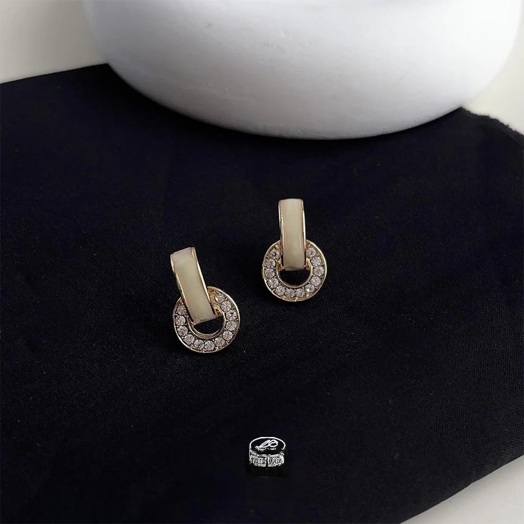 French Vintage Enamel Glaze Copper C Hoop Drop Earrings Geometric Round Rhinestone Jewelry