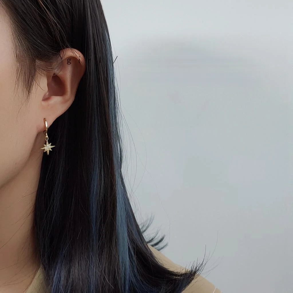 14K Gold Plated Zircon Star Moon Hoop Earrings Korean Minimalist Eight Point Design