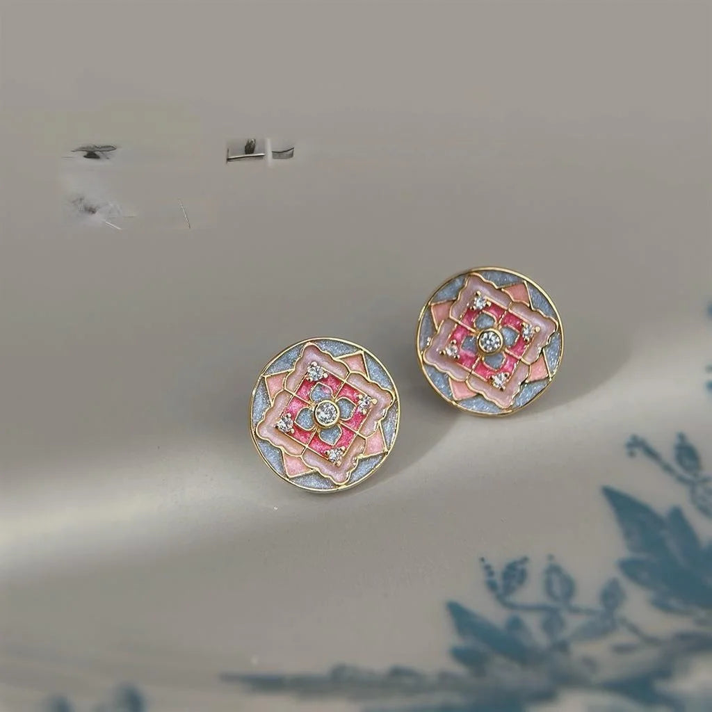Vintage Ethnic Geometric Floral Enamel Copper Stud Earrings