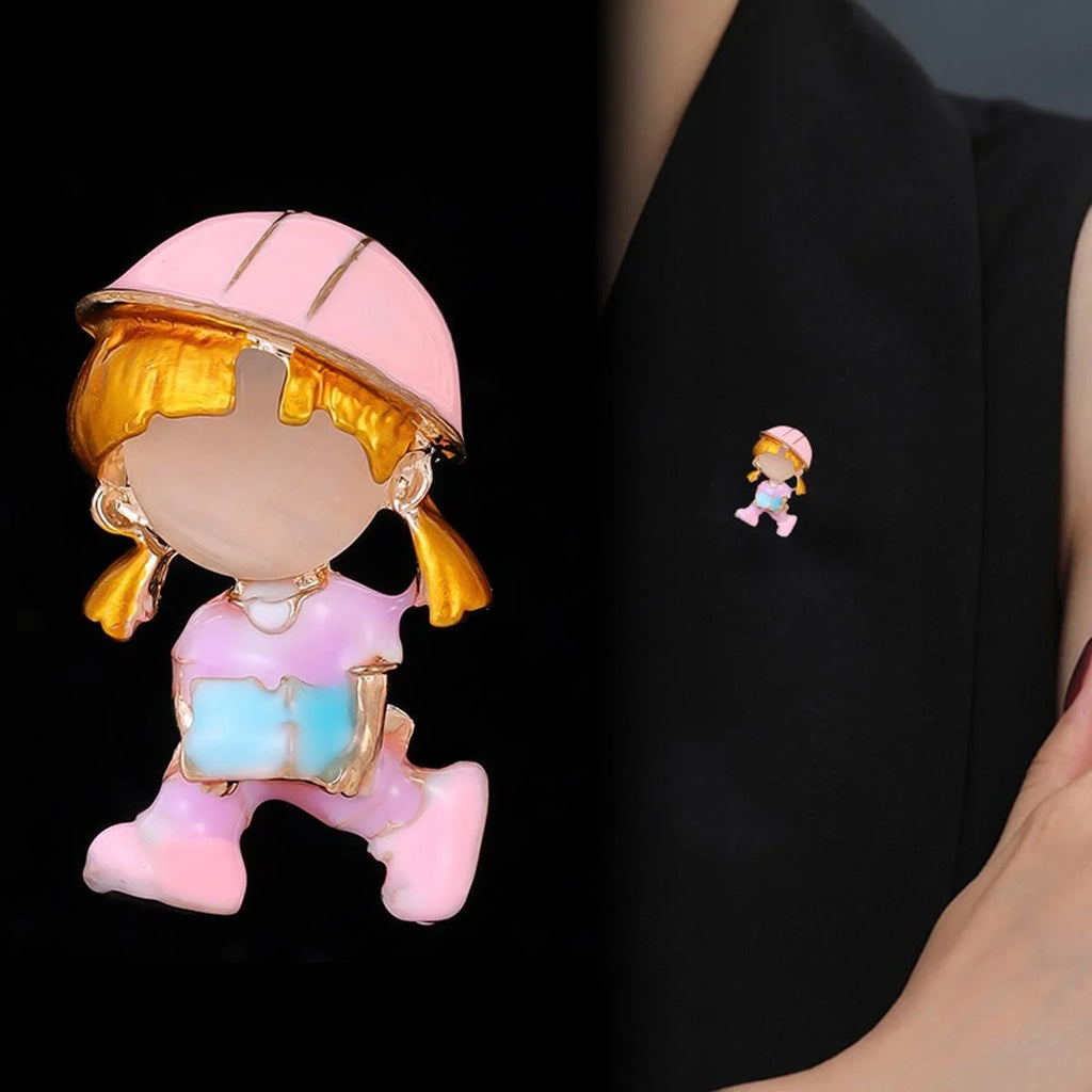 Cute Enamel Little Girl Carrying Bricks Brooch, Gold Tone Alloy Lapel Pin Corsage Suit Accessory Gift