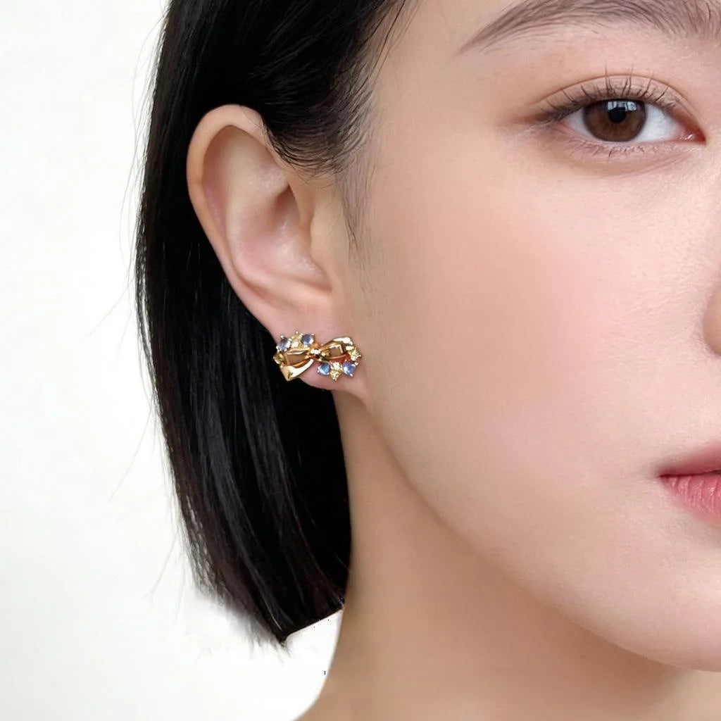 Fashion Aquamarine Zircon Bow Stud Earrings Copper Geometric Jewelry