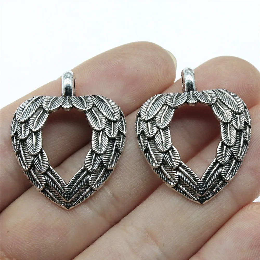 31x26mm 3.1g Antique Silver Zinc Alloy Heart Feather Leaf Charm Pendant for DIY Necklace Making