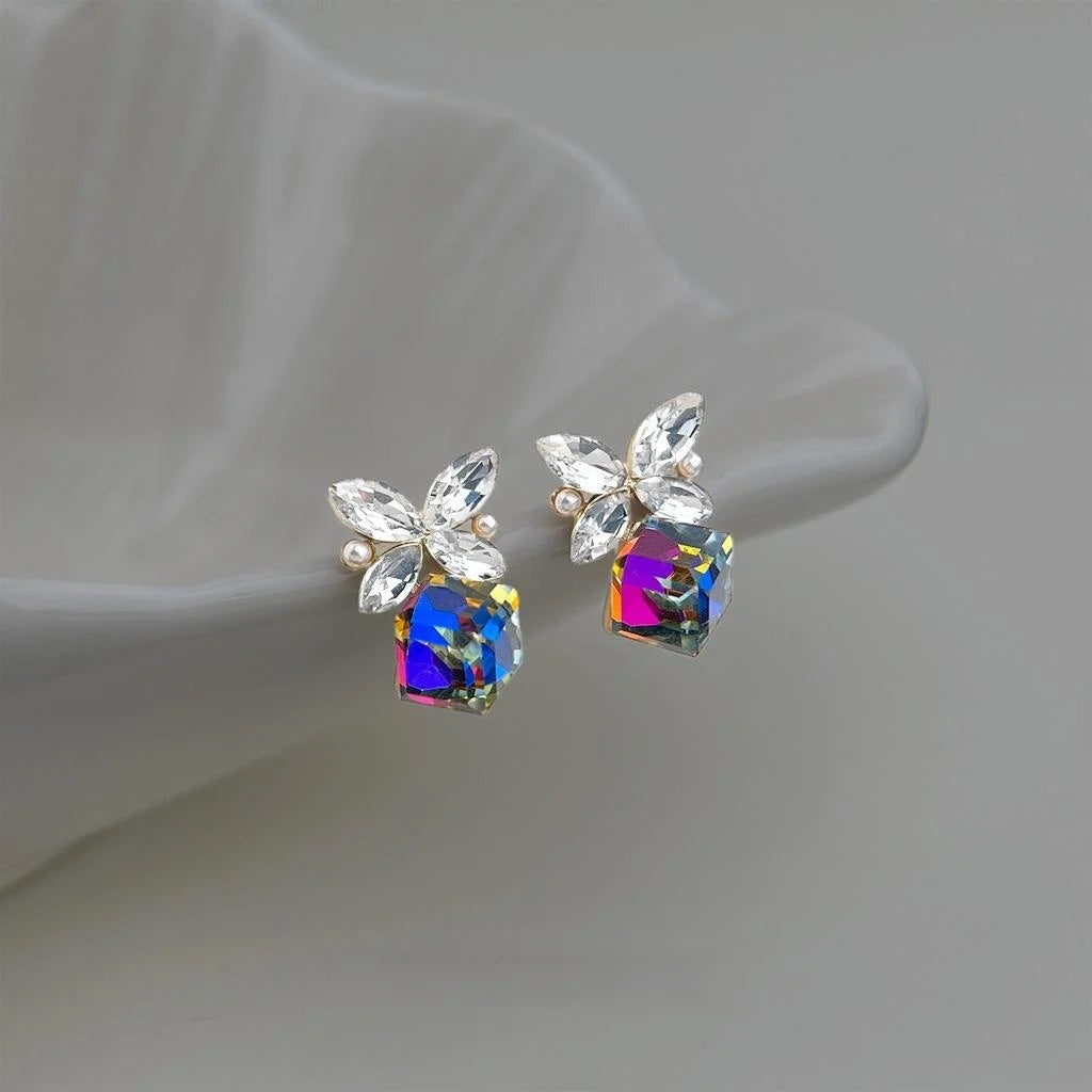 French Light Luxury Colorful 3D Glass Crystal Butterfly Stud Earrings Eco Copper Elegant Jewelry