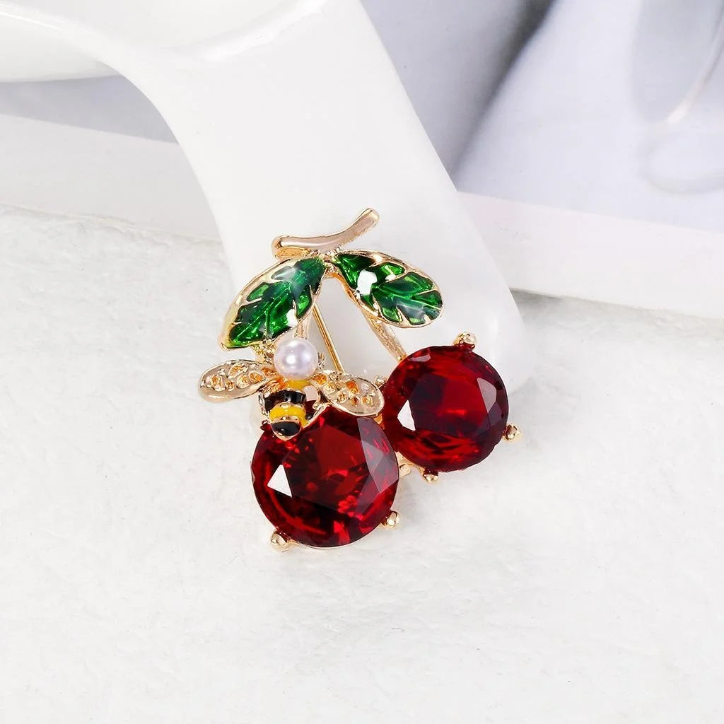 Cute Cherry Bee Enamel Rhinestone Brooch For Women, Alloy Lapel Pin Cardigan Clasp Suit Accessory Gift