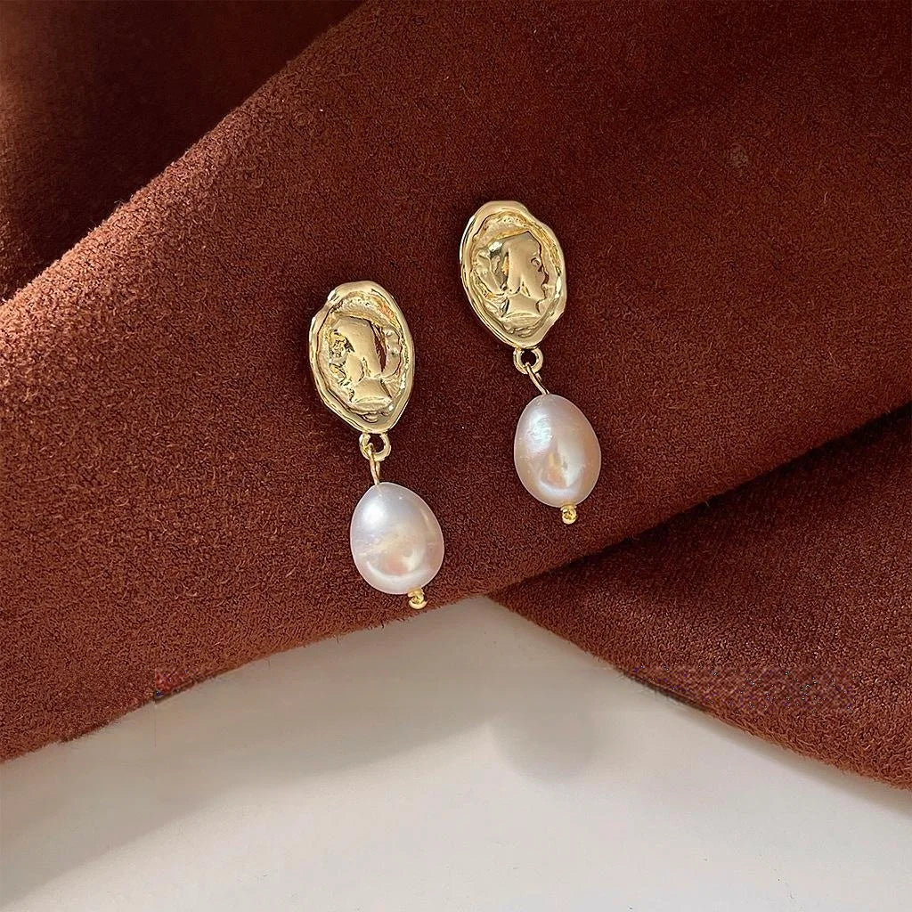 French Vintage Baroque Irregular Oval Freshwater Pearl 14K Plated Copper Handmade Stud Earrings