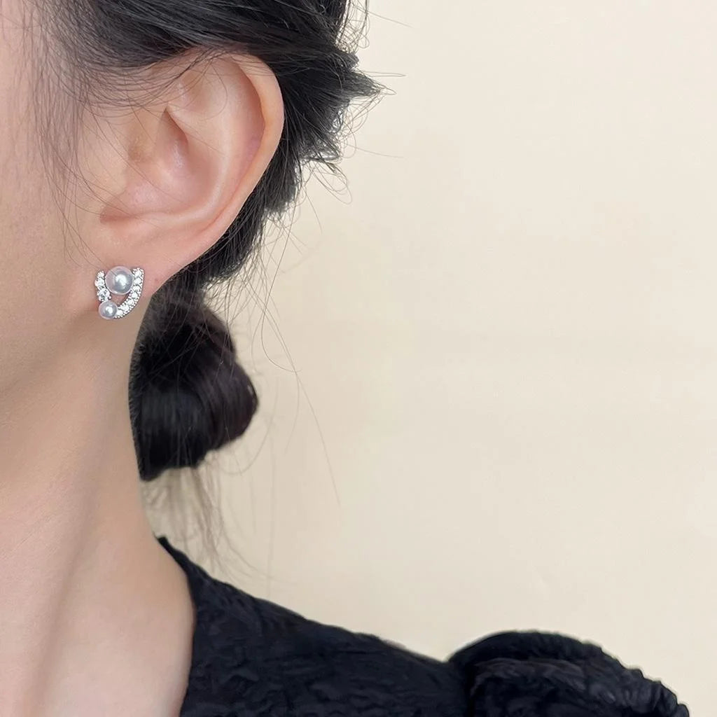 Micro Pave Zircon Copper Pearl Stud Earrings U Shape Geometric Line Design Elegant Minimalist