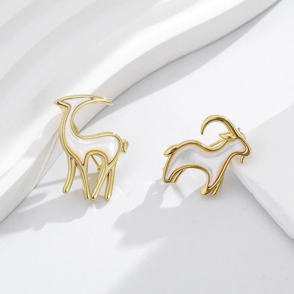 Elegant Zodiac Goat Brooch With Mother Of Pearl Inlay, Gold Tone Alloy Lapel Pin Corsage Gift