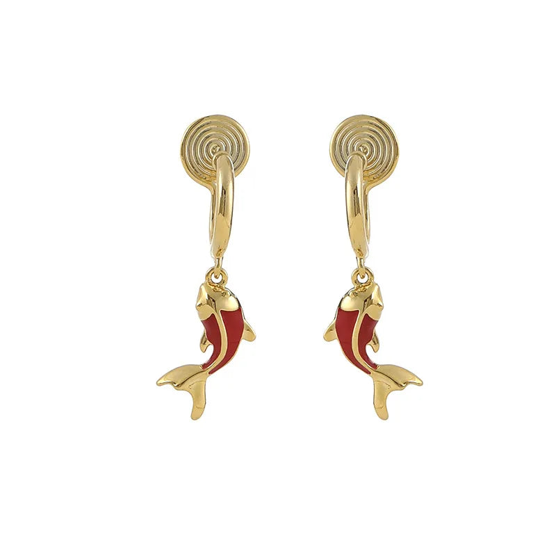 Elegant Chinese Style Red Enamel Koi Fish Hoop Dangle Stud & Clip On No Piercing Alloy Earrings