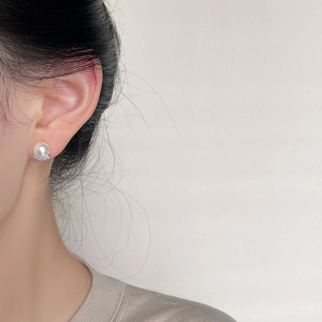 Retro Round Glass Pearl Zircon Micro Pave Copper Stud Earrings For Elegant Office Wear