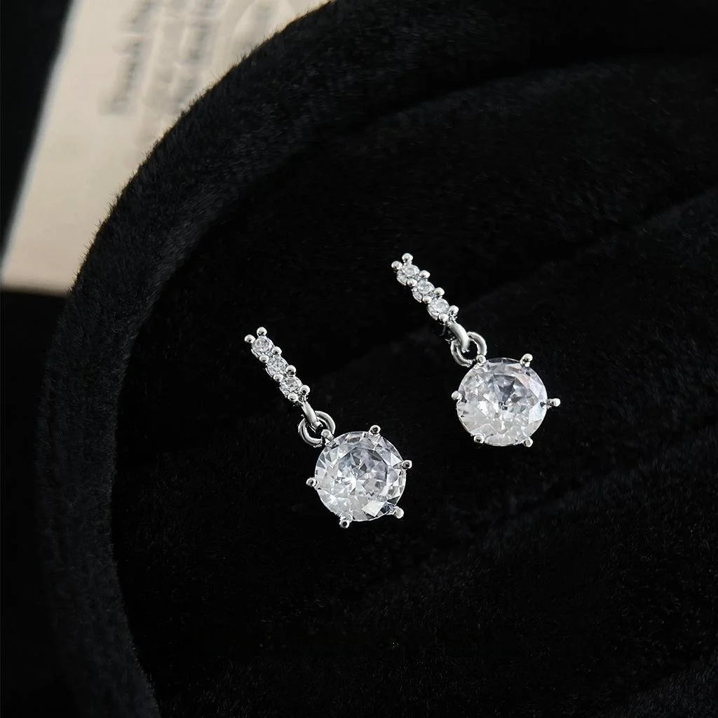 Light Luxury Geometric Round Zircon Micro Pave Silver Plated Pin Drop Earrings For Women