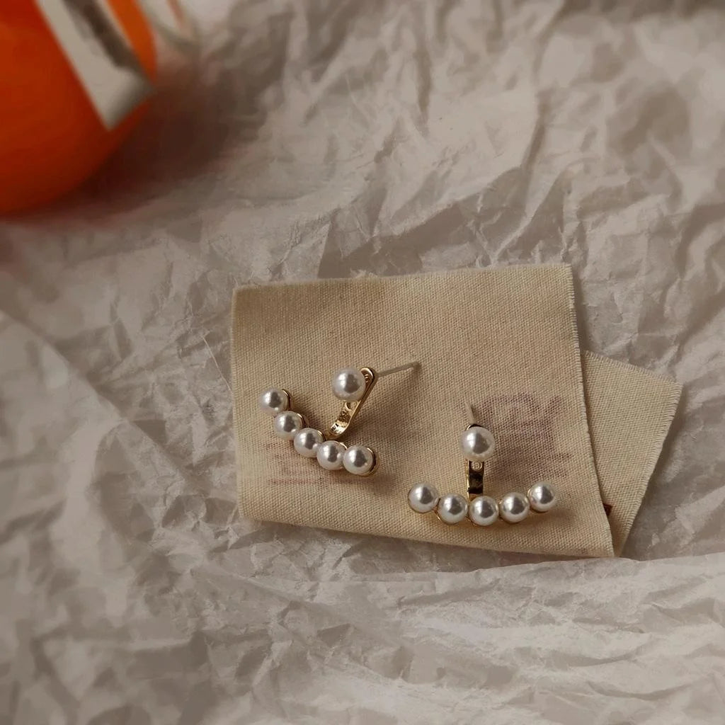 Korean Style Alloy Pearl Stud Earrings Silver Plated Pin Geometric Line Two Way Jewelry