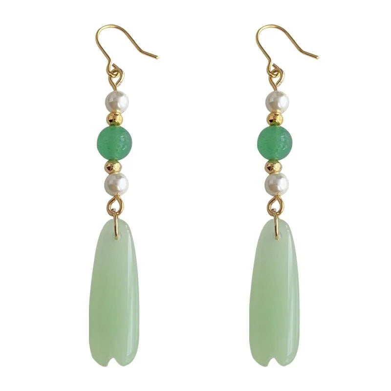 Handmade New Chinese Palace Style Green Agate Glass Crystal Floral Geometric Drop Earrings