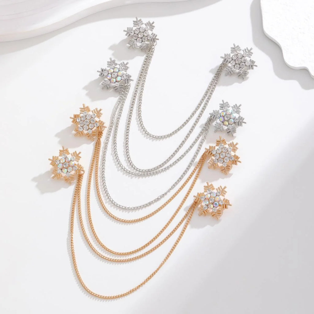 Elegant Rhinestone Snowflake Double Chain Collar Brooch Gold Tone Alloy Lapel Pin Suit Accessory Gift