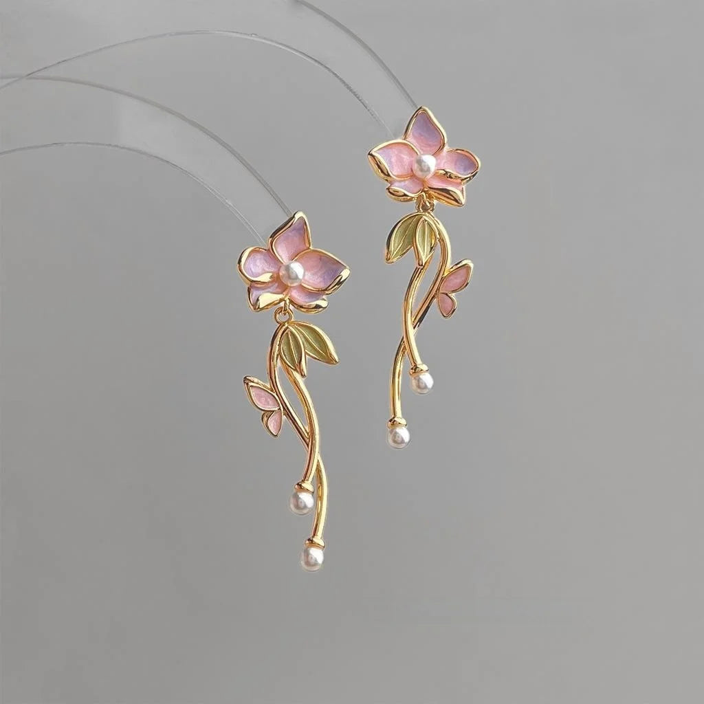 Hand Painted Sweet Floral Enamel Copper Drop Earrings With Pearl Tassels