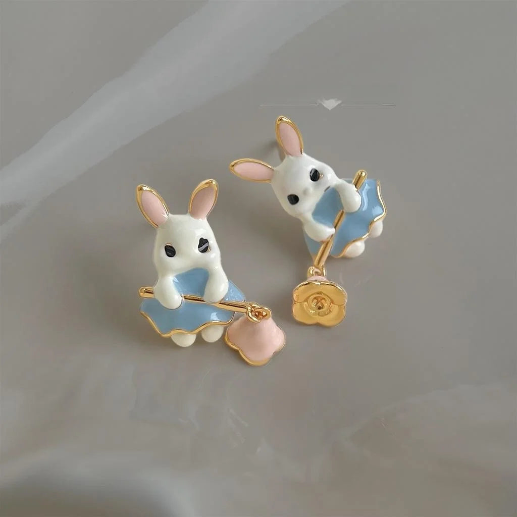 Cute Rabbit Fairy Enamel Hand Painted Eco-Friendly Copper Lolita Stud Earrings