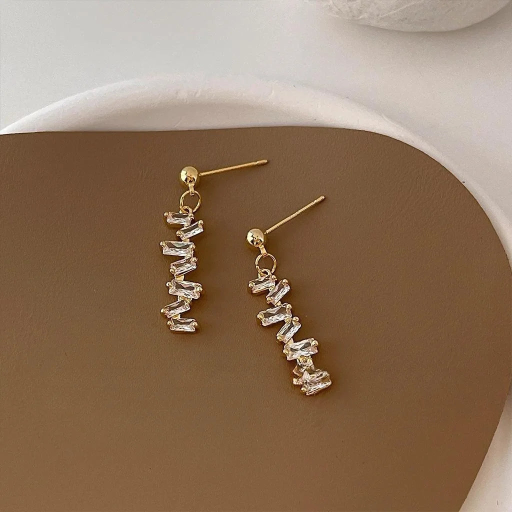 14K Gold Plated Copper Micro Pave Zircon Geometric Line Stud Earrings