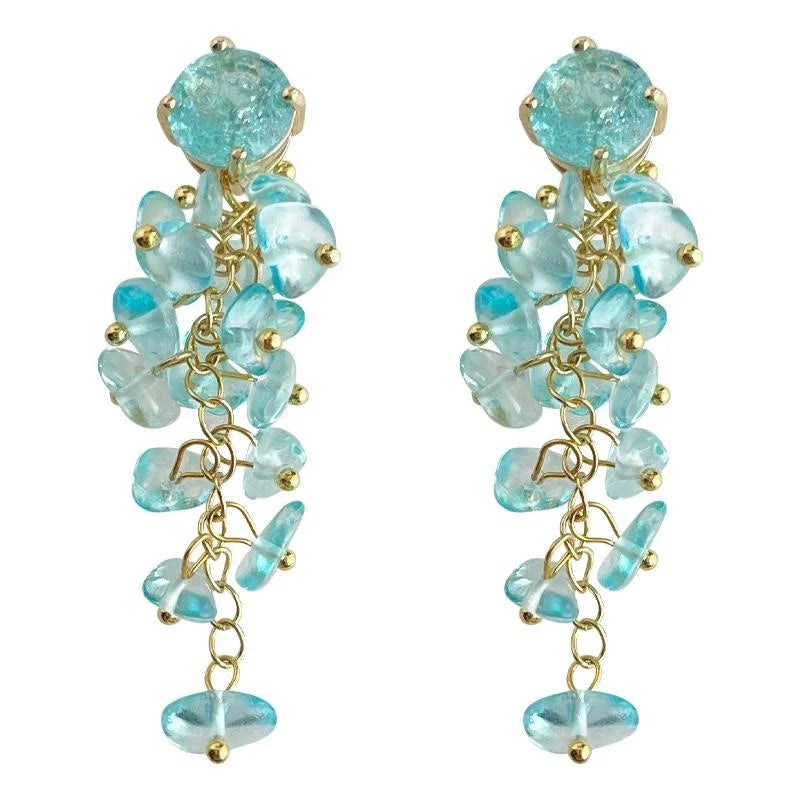Ocean Series Handmade Long Tassel Glass Crystal Drop Earrings Geometric Resort Style Jewelry