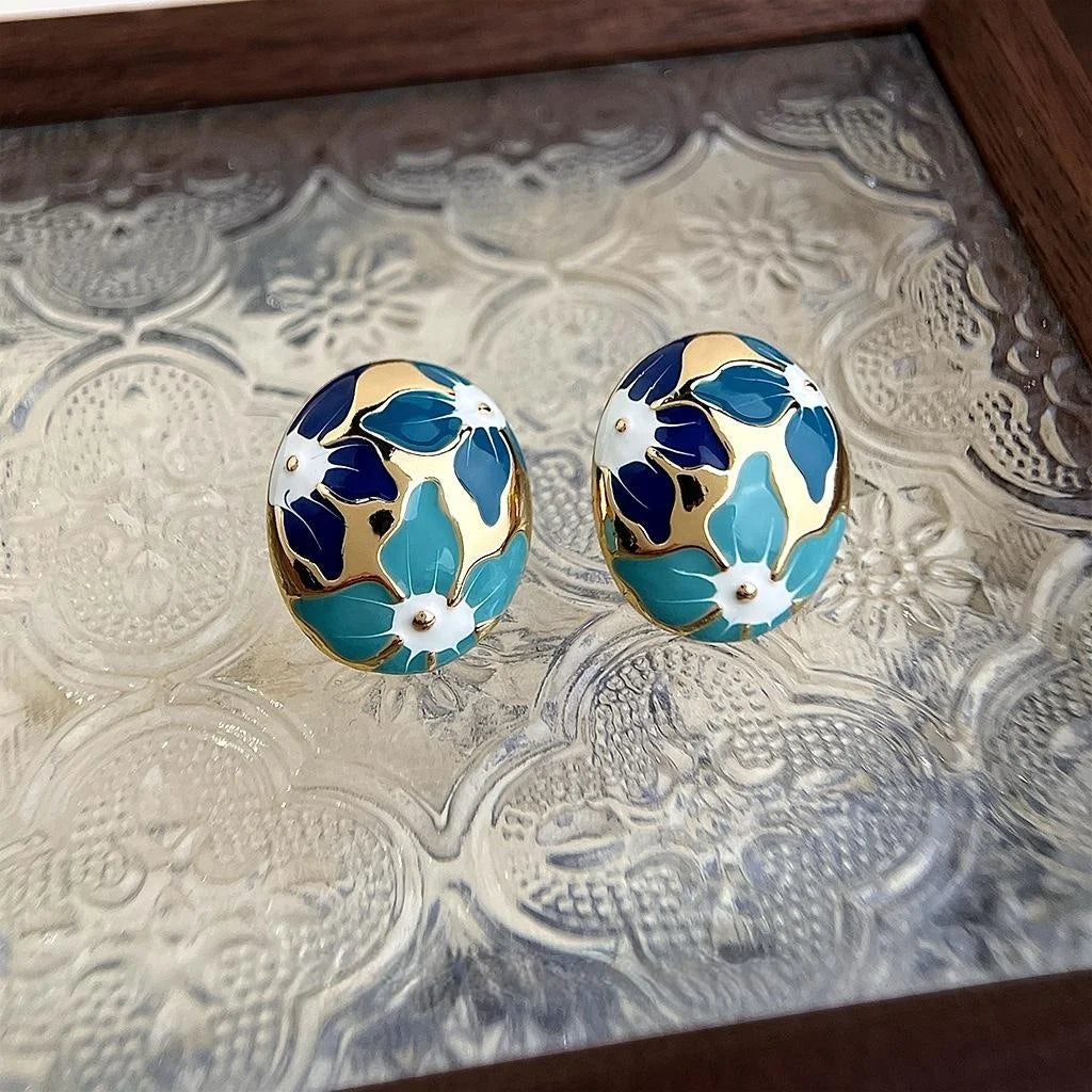 Elegant Summer Gradient Blue Floral Enamel Copper Stud Earrings