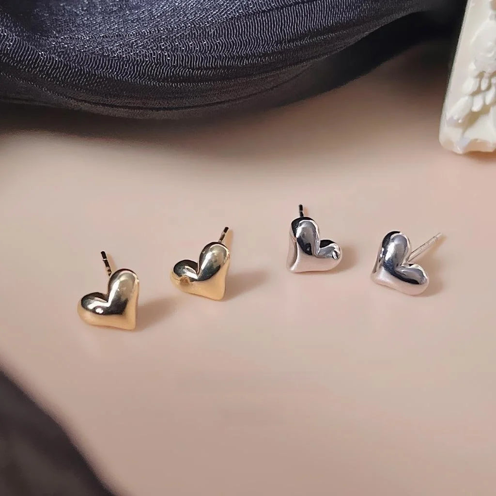 Mini 14K Gold Plated Copper Smooth Heart Stud Earrings, Minimalist Korean Style