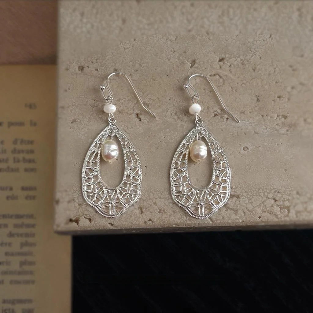 Natural Freshwater Pearl Teardrop Hollow Geometric Ethnic Handmade Drop Earrings