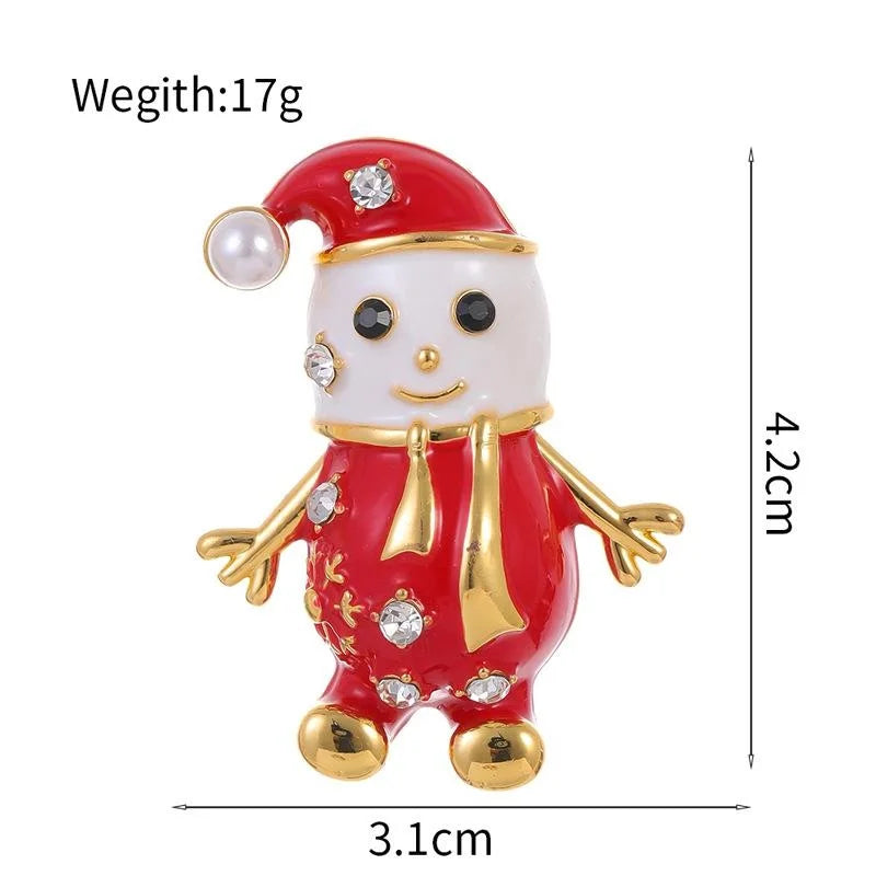 Cute Christmas Snowman Rhinestone Enamel Alloy Brooch With Pearl Hat, Festive Lapel Pin Corsage Gift