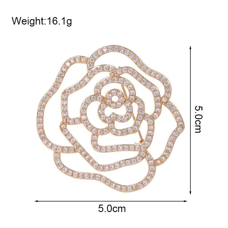 Luxury Full Rhinestone Camellia Flower Brooch, Gold Alloy Hollow Rose Lapel Pin Corsage Suit Accessory Gift