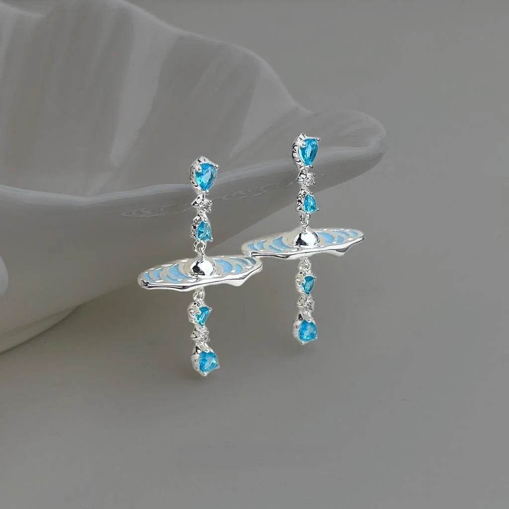 Sweet Ocean Geometric Copper Zircon Drop Earrings With Aquamarine Planet Star Ring Design