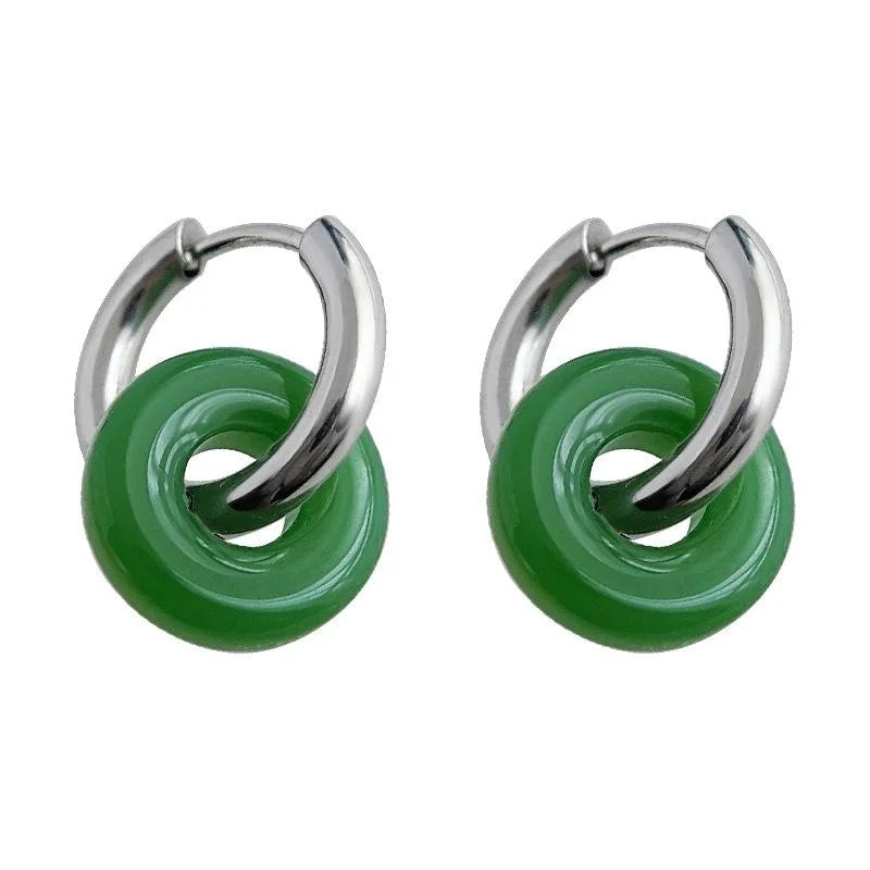 New Chinese Style Handmade Jade Color Glass Peace Buckle Stud Earrings Convertible Ethnic Geometric Ear Cuffs