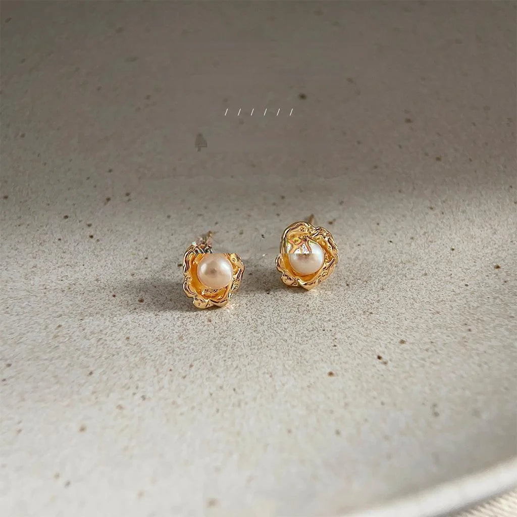 14K Gold Plated Geometric Faux Pearl Drop Earrings, Minimalist Luxury Style