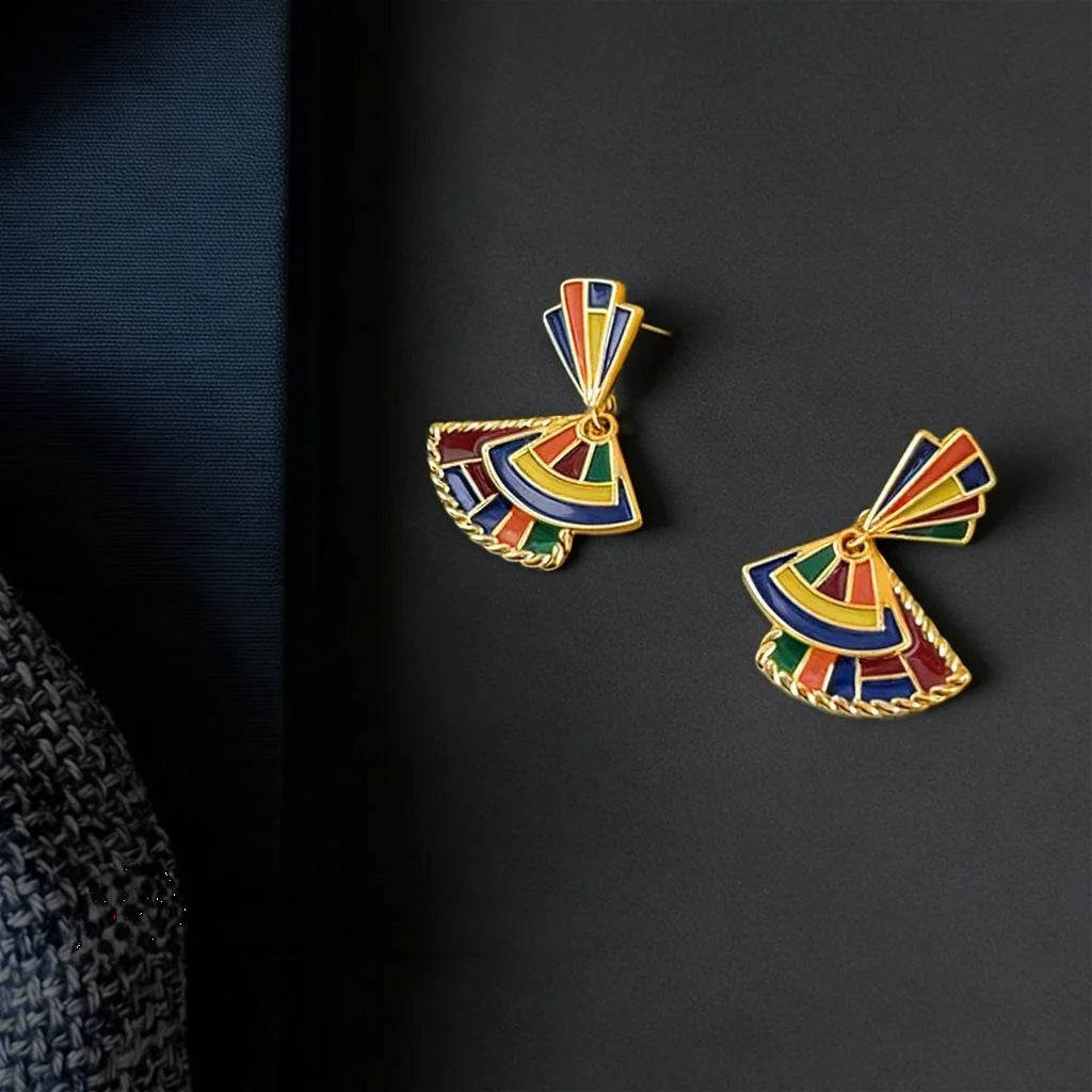 Original Painted Ethnic Fan Shaped Eco Friendly Copper Drop Earrings With Silver Plated Pins