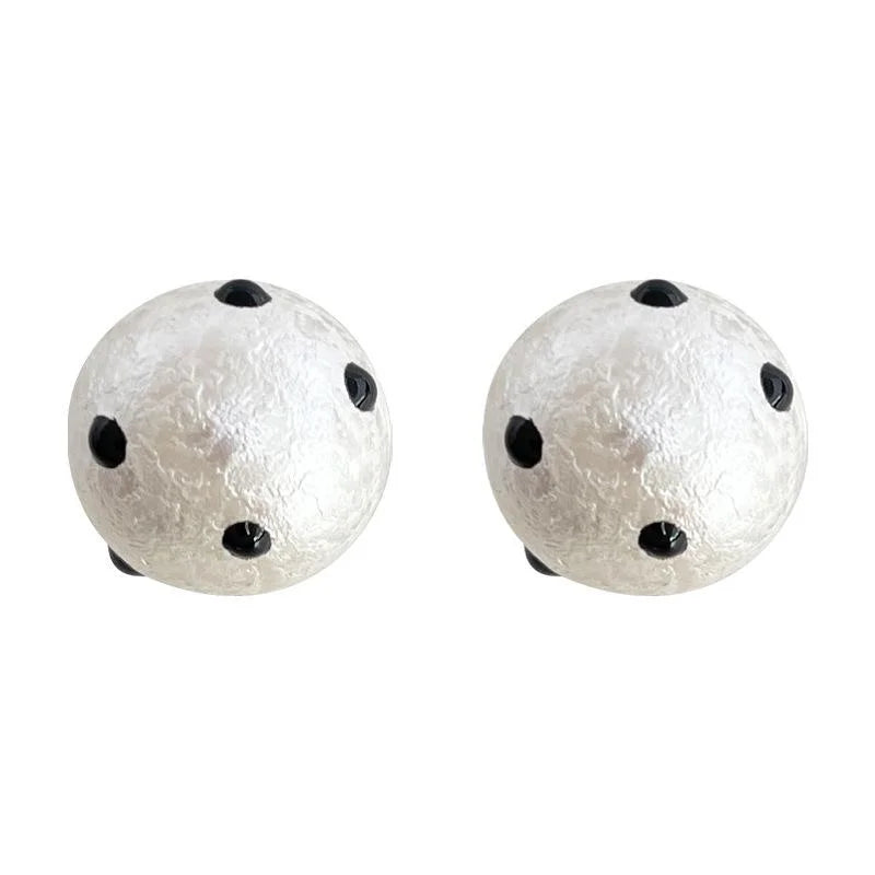 Black White Polka Dot Cotton Pearl Stud Earrings Copper Round Geometric Hepburn Style