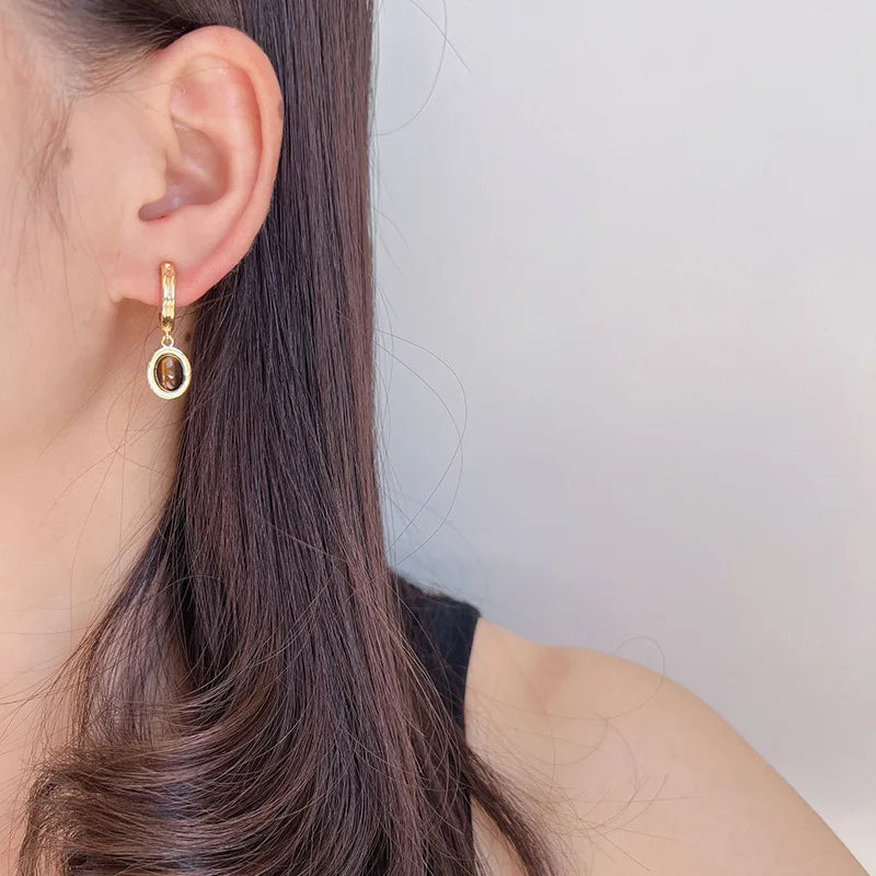 Vintage Gold Alloy Spiral Tiger Eye Oval Drop Stud & Clip On No Piercing Brown Dangle Earrings