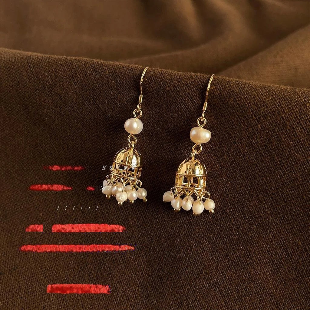 Handmade Freshwater Pearl Tassel Drop Earrings 14K Plated Geometric Light Luxury Jewelry