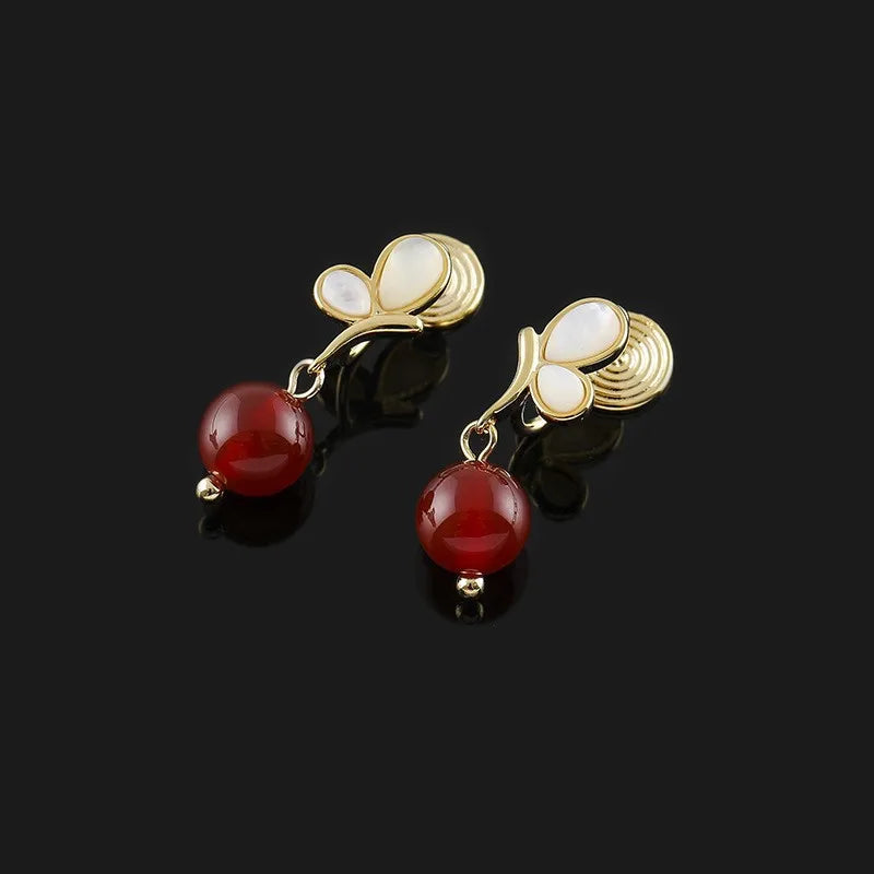 Vintage Shell Butterfly Red Agate Bead Drop Stud & Clip On No Piercing Gold Alloy Earrings