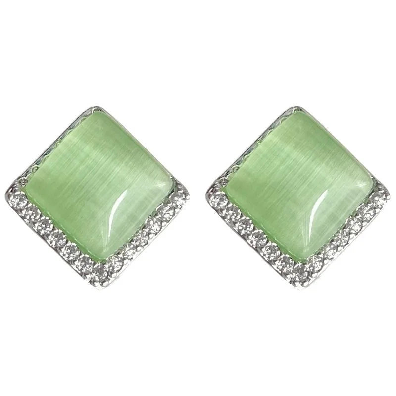 Copper Geometric Square Stud Earrings With Micro Pave Zircon And Green Glass Cat Eye Stone